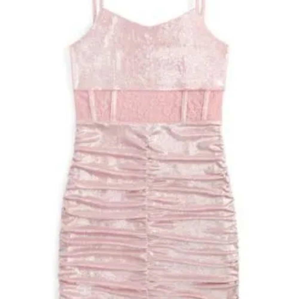 Katie J NYC Light Pink Ruched Satin Party Dress with Slim Straps